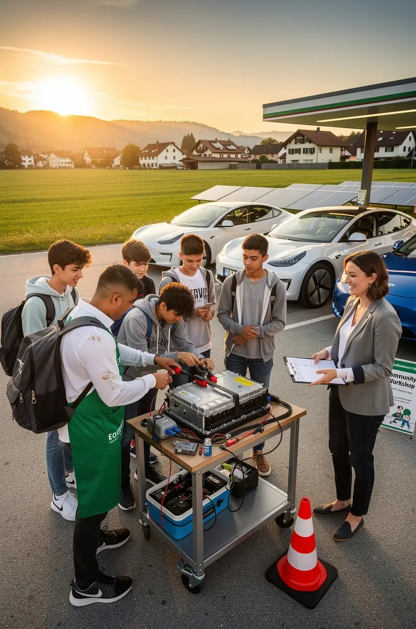 Ladestation für Hybrid- und Elektrofahrzeuge mit digitaler Anzeige und Wartungspersonal im Hintergrund
