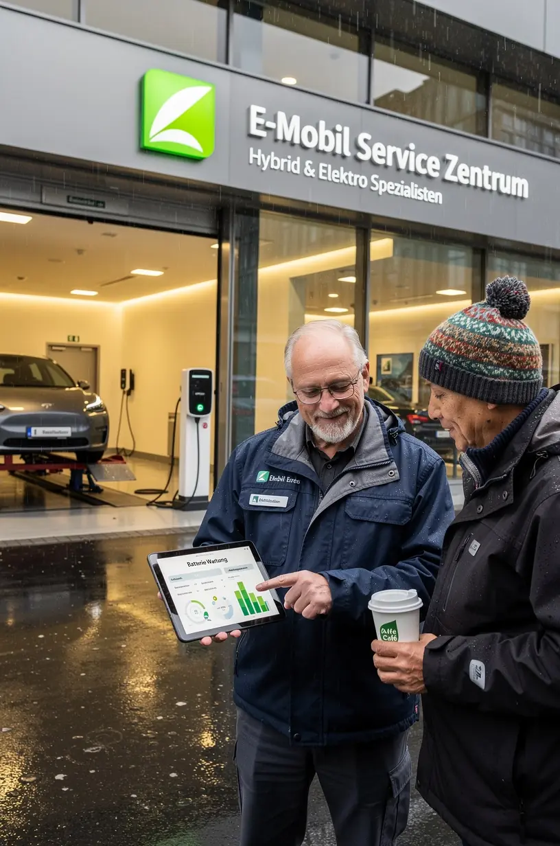 Diagnosegerät zeigt Batteriezustand bei einem Hybridfahrzeug, während ein Fachmann die Ergebnisse überprüft